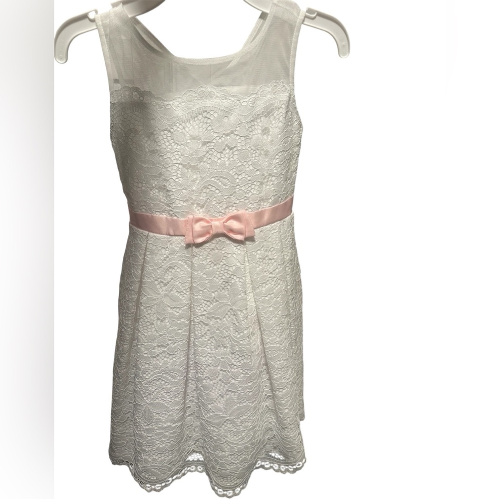 White Lace Kids Dress with Pink Bow